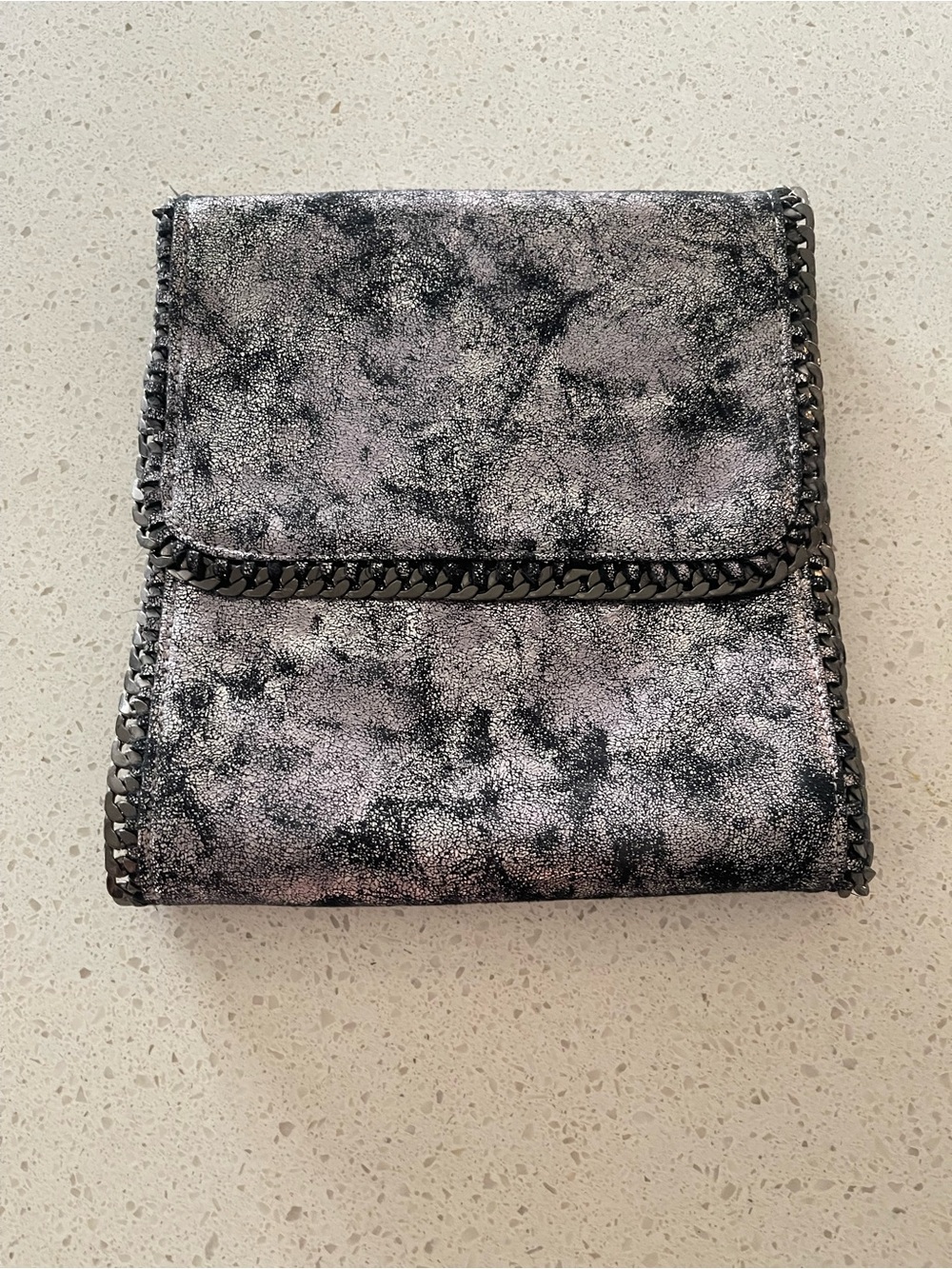 A Classy Chic Boutique Metallic Silver and Black Foldover Chain-Trim Wallet